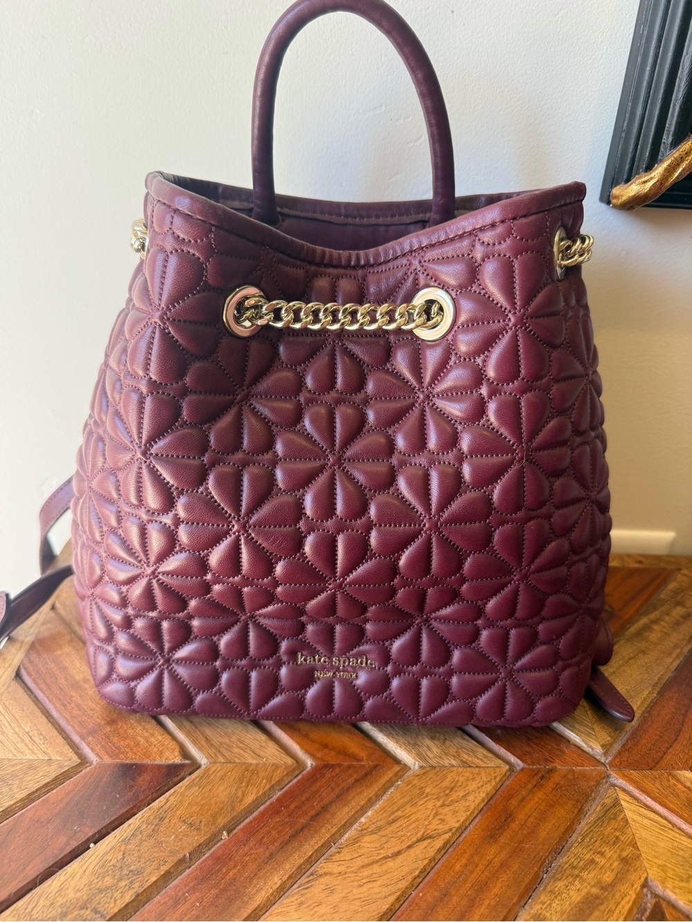 Kate Spade Bloom Med. Quilted Leather Backpack in Grenache w/ Chain Drawstring